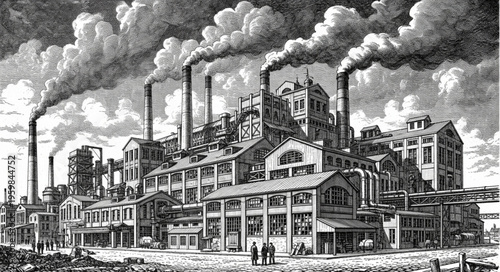 Industrial Revolution Era Factory with Smoking Chimneys and Workers.