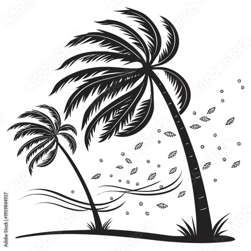 Palm trees bending in strong wind with leaves and raindrops