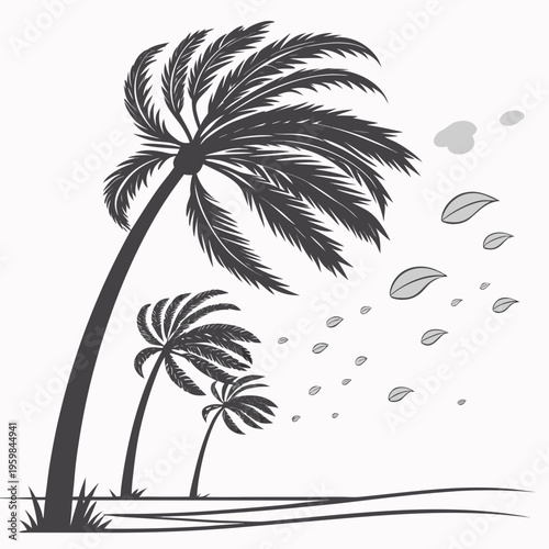 Palm trees swaying in strong wind with leaves falling