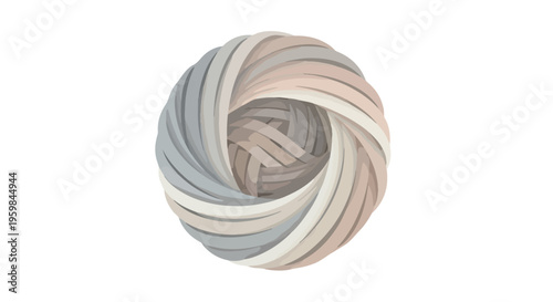 Close-up of a pastel-colored yarn ball with soft gray, beige, and white hues on a plain white background.