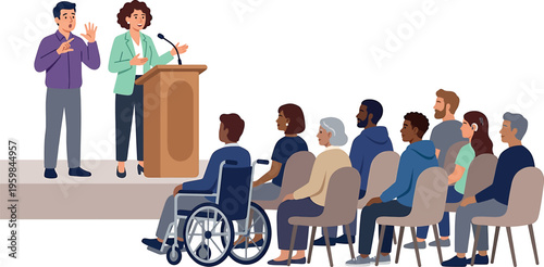 Two people giving a presentation to a diverse audience with a speaker on a podium isolated on transparent background