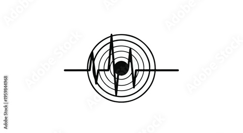 A black and white graphic depicts a stylized electrocardiogram wave intersecting concentric circles representing a signal or vital sign.