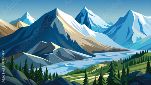 A serene landscape featuring jagged snow capped mountains towering over a winding blue river valley