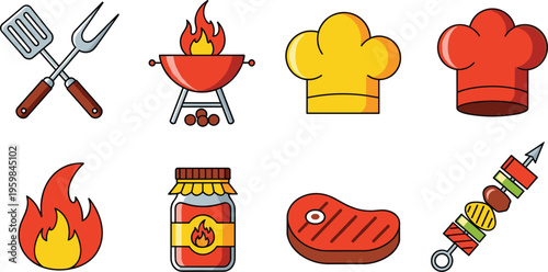  Set of barbecue grill and cooking vector illustrations featuring spatula fork grill fire chef hats sauce jar steak and kebab skewer collection