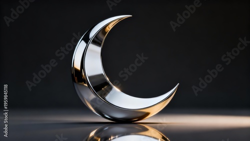 Shiny Metallic Silver Crescent Moon on Dark Reflective Background for Ramadan Kareem and Eid Mubarak Celebrations