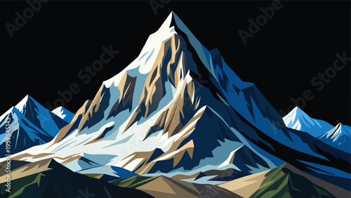 A majestic and sharp mountain peak covered in snow against a solid deep black background setting