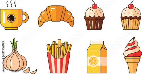  Set of breakfast and snack food vector illustrations including coffee croissant cupcakes garlic french fries juice carton and soft ice cream dessert