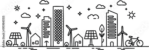 Eco friendly cityscape with renewable energy sources and green technology infrastructure  sustainable urban planning concept