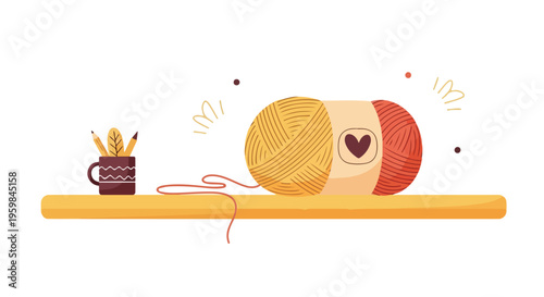 Flat lay illustration of a ball of yarn with a heart design, surrounded by a mug with pencils and abstract shapes on a yellow shelf against a white background.