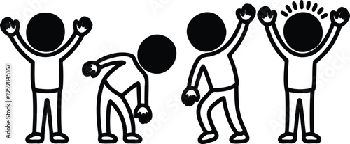 Four cartoon stick figures in different poses with fists raised in air  celebrating or expressing emotions