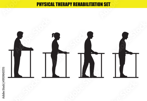 Physical Therapy Rehabilitation Set Vector with Silhouettes of People Using Parallel Bars for Recovery and Exercise