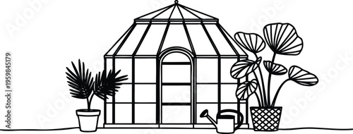 Greenhouse with potted plants and watering can outdoor illustration
