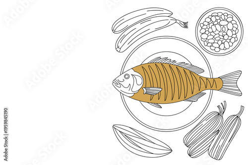 Cooked Fish and Vegetables Meal Illustration, healthy food concept with copy space