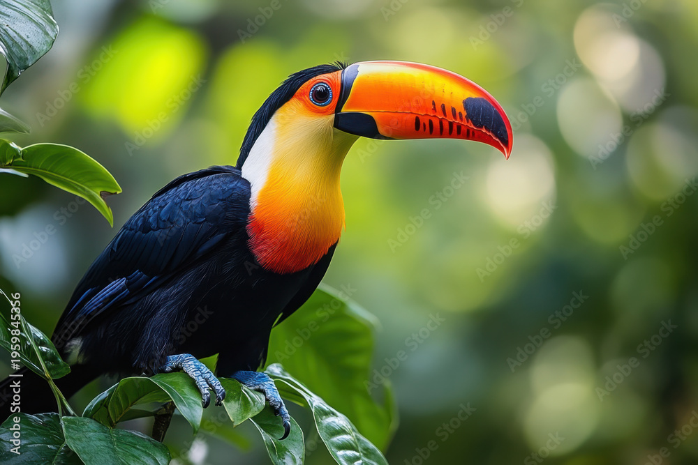 Fototapeta premium Colorful bird perched on tree branch.