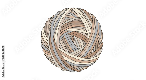 A ball of intertwined threads in shades of brown, blue, and cream against a white background, showcasing a textured, woven design.