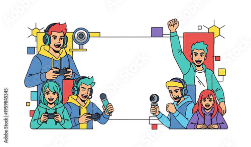 Anime gaming streamer vector set esports players character collection frame design