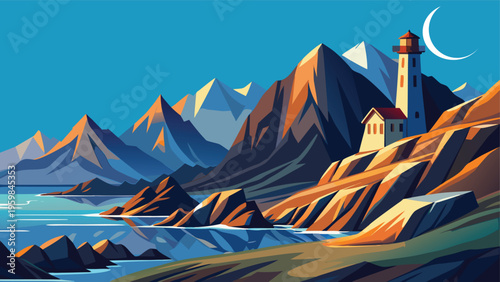 A solitary lighthouse stands on a rugged mountain cliff under a crescent moon in a blue night sky