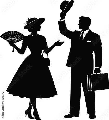  Elegant vintage couple silhouette vector illustration featuring man tipping hat with briefcase and woman holding fan in classic retro style isolated on white background