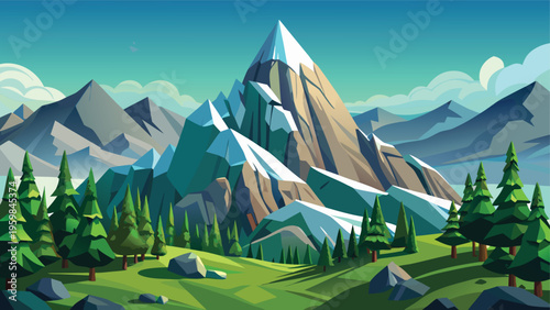 A majestic snow capped mountain peak rising above a lush green forest clearing under blue skies