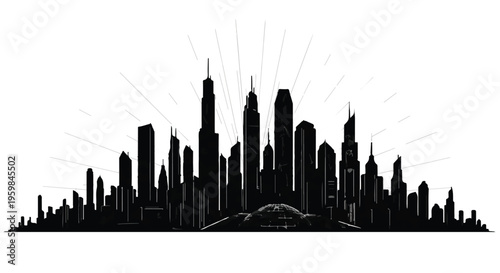 A detailed black silhouette of a modern city skyline rises dramatically with radiant sun rays emanating from behind the tallest buildings.