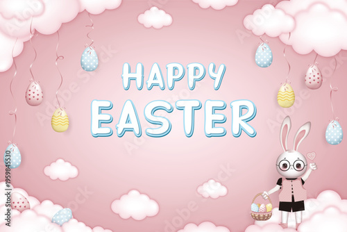 Happy Easter card, dressed Bunny boy in glasses holds a basket of Easter eggs on pink background with clouds and easter eggs tied with a ribbon to the cloud, free space in the middle