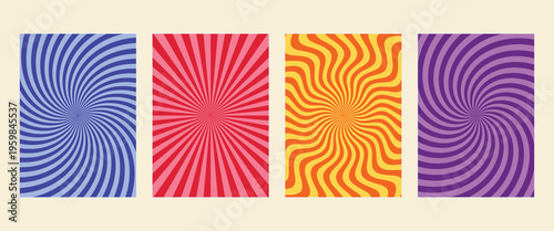 Set of retro psychedelic spiral backgrounds. Colorful sunburst burst vector templates for poster, banner, and retro 70s abstract cover design.