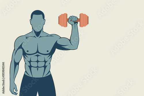 Muscular Man Working Out with Dumbbell Illustration, fitness workout concept with copy space