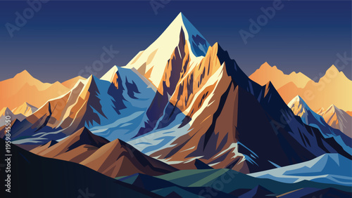 A majestic digital illustration of a towering mountain peak illuminated by the golden morning light