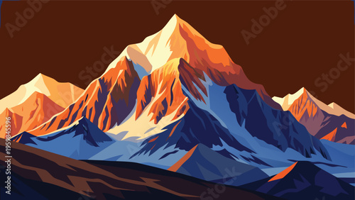 A stylized artistic illustration of a majestic mountain peak glowing under the warm golden light