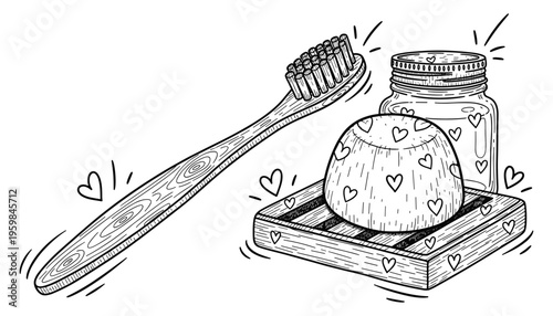 Eco-Friendly Bamboo Toothbrush with Natural Soap Bar and Mason Jar — Zero Waste Bathroom Set Line Art Vector Illustration