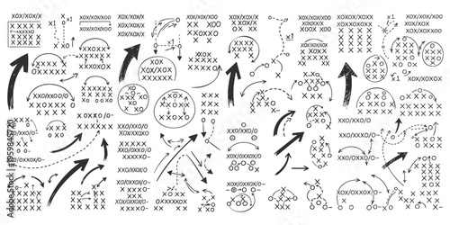 Hand drawn sports tactics diagrams with arrows and letter markings for game strategy planning