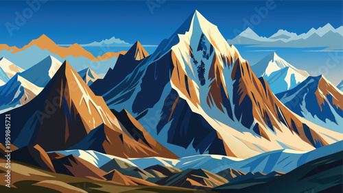 A vibrant digital illustration of majestic snow-capped mountain peaks under a clear blue sky