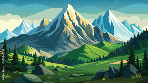 A scenic digital illustration of majestic snow capped mountains overlooking a green pine forest