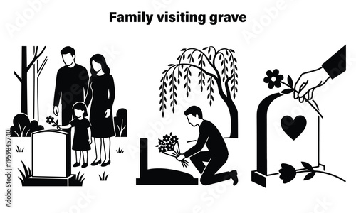 Family mourning at cemetery grave with heartfelt tribute illustration