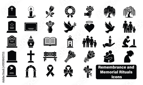Black and white vector icons set for remembrance, memorial rituals, and funeral traditions