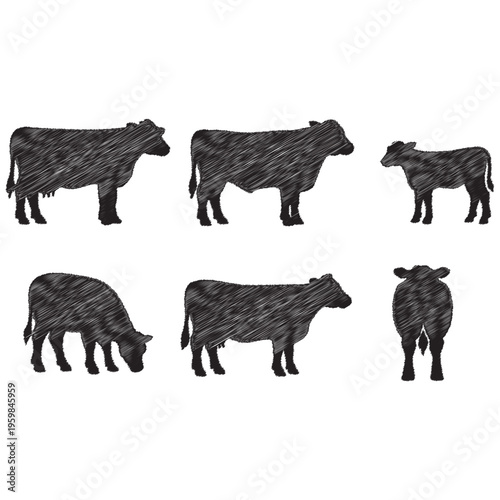 Six black cow silhouettes with scribbled texture on white cattle animal livestock