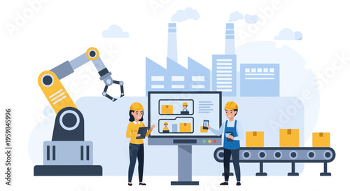 Smart Factory Automation & Production Management. Engineers oversee Digital Manufacturing Workflow with Robotic Arm, Conveyor, and Data Monitoring. Industry 4.0 Concept.