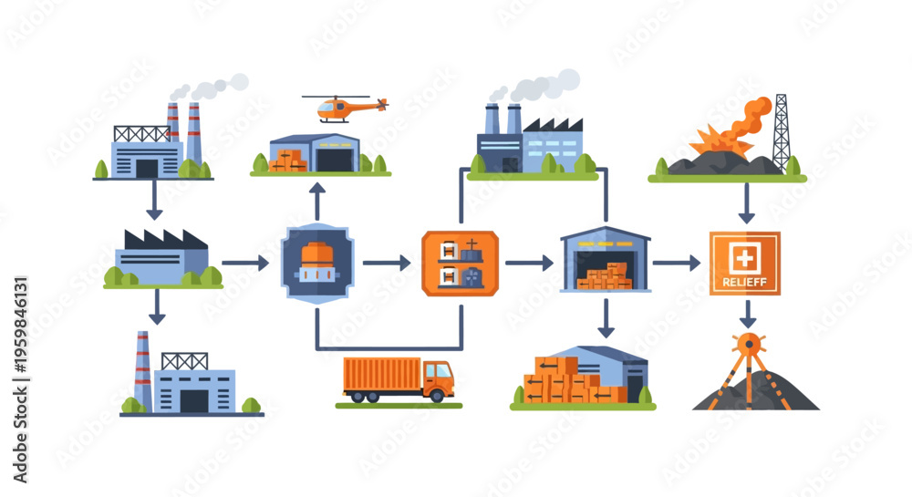 Naklejka premium Integrated Supply Chain and Logistics Network Diagram: Factories, Warehouses, Transportation, and Relief Efforts