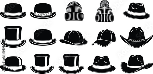 Set of black and white headwear icons including top hats beanies fedoras cowboy hats and baseball caps cad drawing flat vector illustration