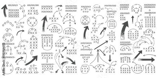 Hand drawn sports strategy tactic diagrams with arrows and player position markings set