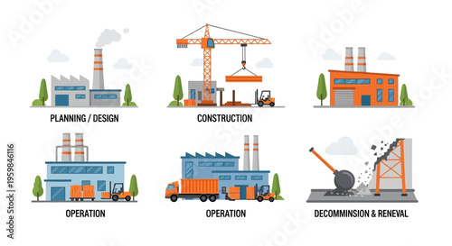 Industrial Building Lifecycle: Planning, Construction, Operation, Decommissioning & Renewal Process Illustration