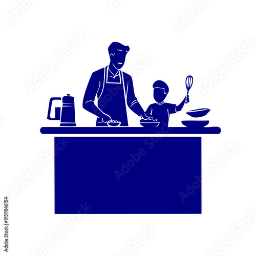 Father teaches child cooking skills in kitchen with utensils and kettle