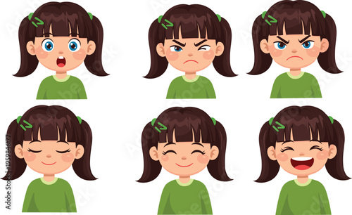 Cute Cartoon Girl Face Expression Set with Pigtails Hairstyle Showing Happy, Angry, Surprised, and Calm Emotions for Kids Avatar Vector Illustration Design.