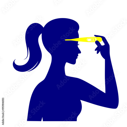 Woman checks temperature with thermometer in hand on forehead closely