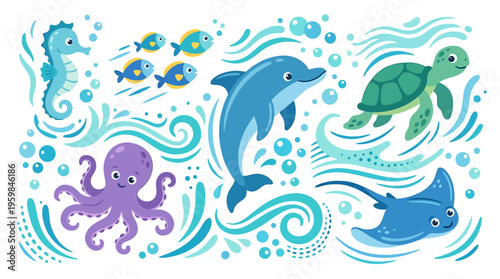 Colorful underwater scene with various marine animals and ocean waves