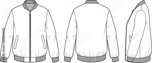 Unisex Bomber Jacket Technical Flat Sketch CAD Drawing Vector Illustration Fashion Template Zip Up Outerwear Sporty Harrington Design Mockup Set