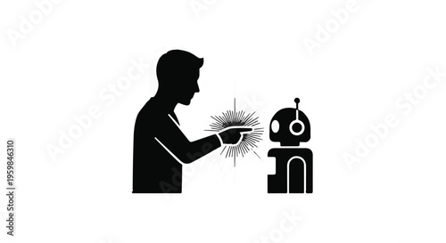 Man's silhouette points a finger generating a bright starburst effect toward a small, simple robot icon.