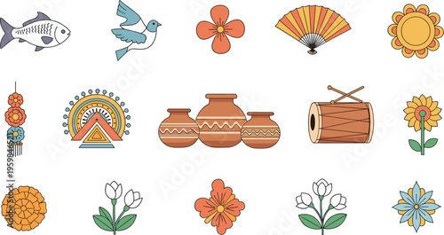 Collection of traditional cultural icons featuring Hilsa fish, clay pots, hand fans, and floral motifs in a flat outline style for ethnic festival and heritage celebration designs.