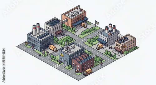Isometric Cityscape Featuring Industrial Buildings and Urban Infrastructure.