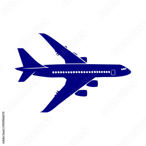 A dark blue airplane illustration soars through the sky.